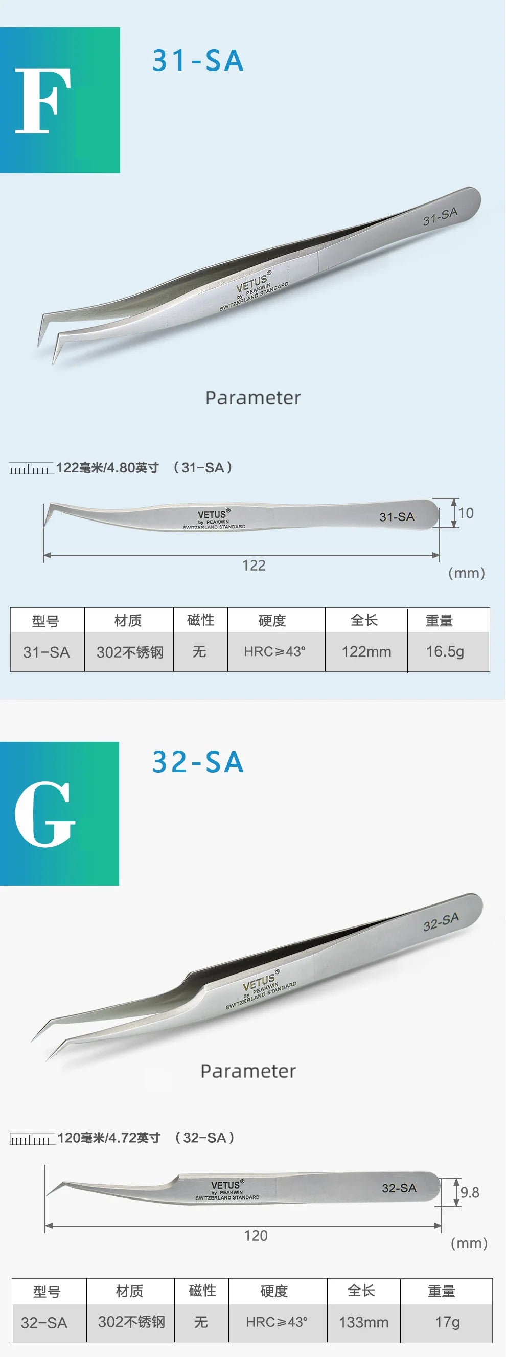 VETUS Original 32-SA Tweezers Hyperfine High Precision Non-magnetic Anti-acid Pincers Eyelashes Grafting Manicure ESD Forceps