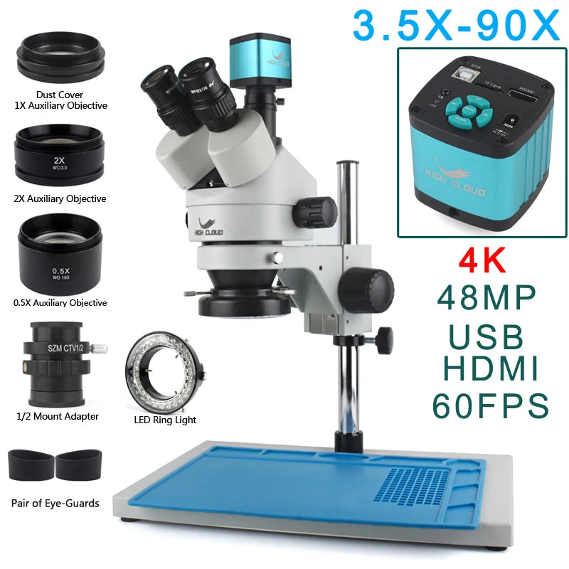 3.5X-90X Continuous Zoom Stereo Trinocular Microscope + 0.5X 2X Auxiliary Objective Lens 48mp 55mp 4K HDMI USB Microscope Camera