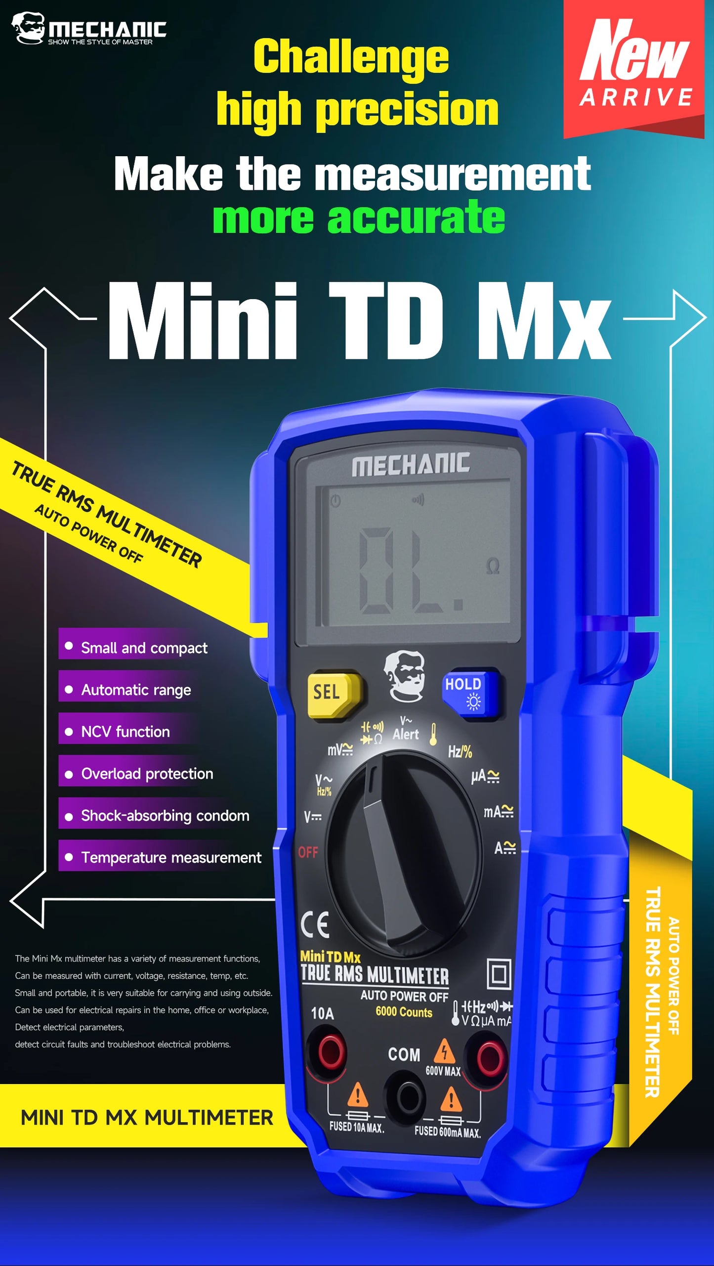 MECHANIC High-Precision Professional Digital Multimeter True RMS AC DC Voltage Capacitance Resistance Hz NCV Tester Current Tool