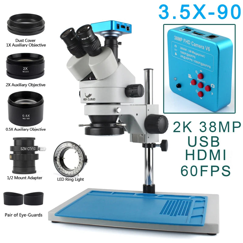 3.5X-90X Continuous Zoom Stereo Trinocular Microscope + 0.5X 2X Auxiliary Objective Lens 48mp 55mp 4K HDMI USB Microscope Camera