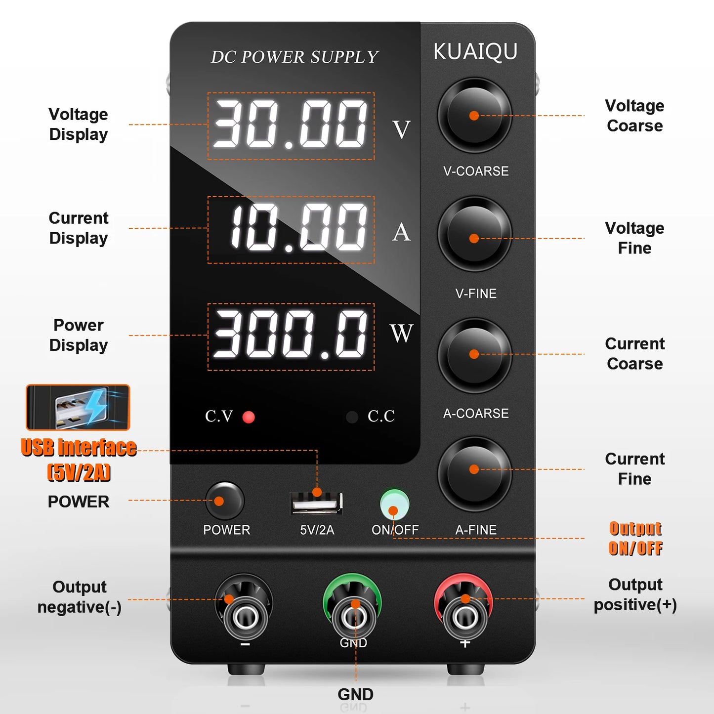 KUAIQU Adjustable Switching DC Power Supply 30V 10A 6A Lab Bench Power Supply 60V 5A 120V 3A Output Preset Current USB Interface