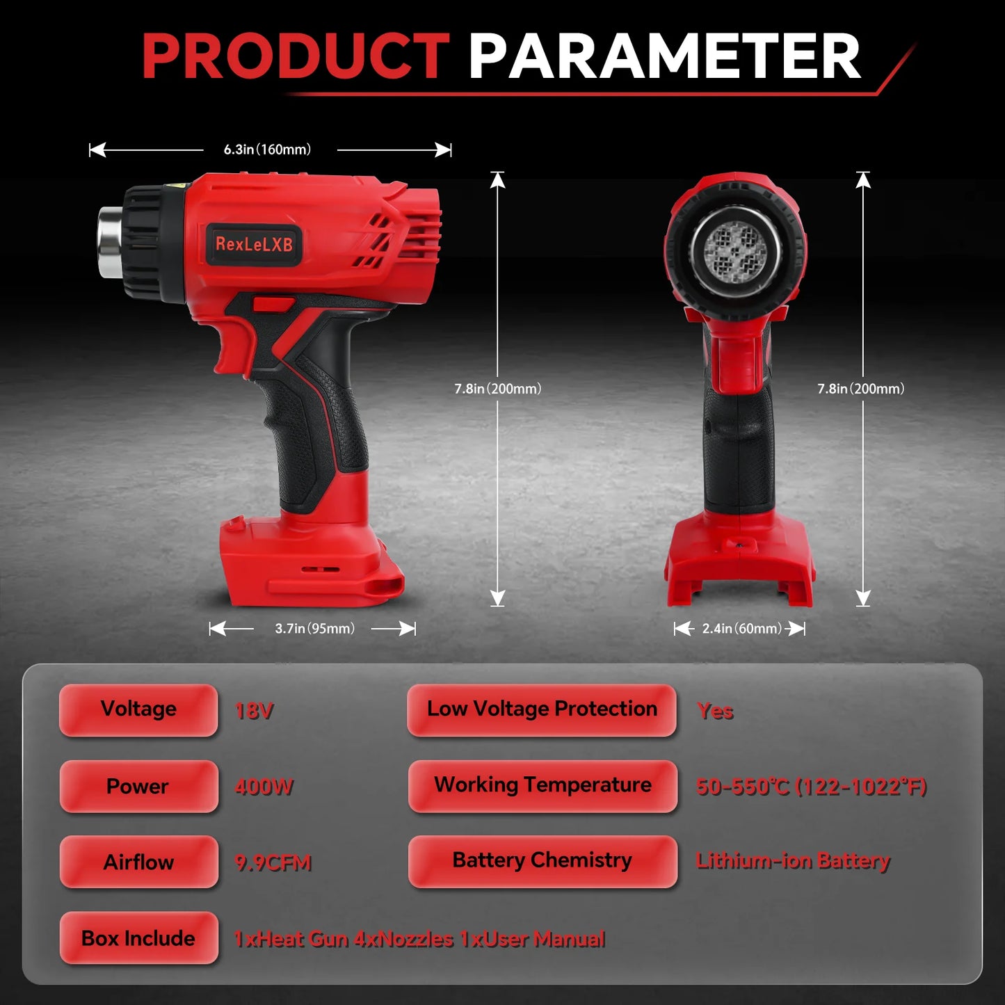 Cordless Heat Gun for Milwaukee 18v Battery 122℉ to 1022℉ Fast Heating Hot Air Gun with 4pcs Nozzles for Shrink Wrap(No Battery)