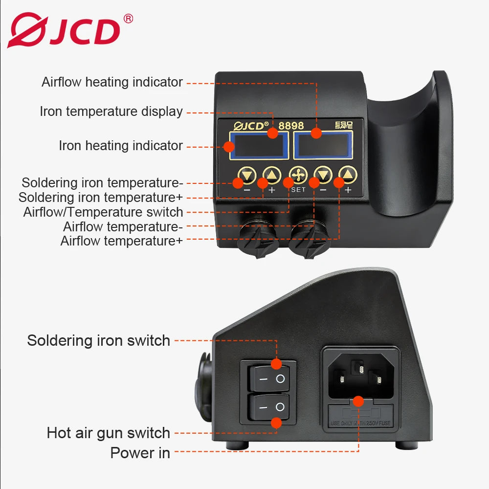 750W SMD Rework Soldering Station 2 in 1 Soldering Iron Hot Air Welding Station LCD Digital Display For BGA PCB IC Repair 8898
