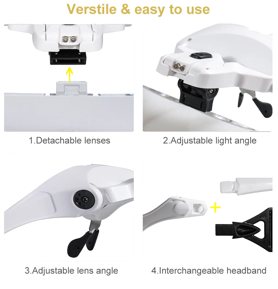 Hot Sell Magnifying Glass LED Light Head Loupe Jeweler Watch Bright Magnifier with 5 Lens