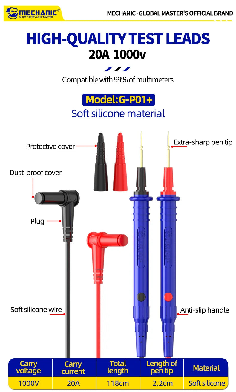 MECHANIC High-End Gold-Plated Universal Test Lead Digital Multimeter Leads Precision Needle Tip Double Insulation Soft Silicone