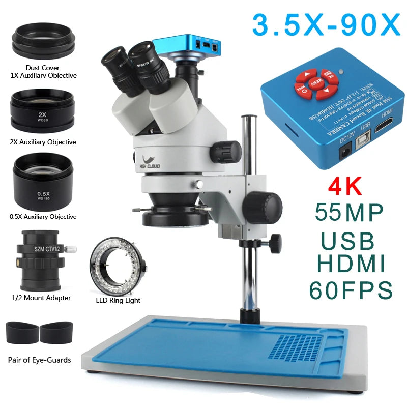 3.5X-90X Continuous Zoom Stereo Trinocular Microscope + 0.5X 2X Auxiliary Objective Lens 48mp 55mp 4K HDMI USB Microscope Camera