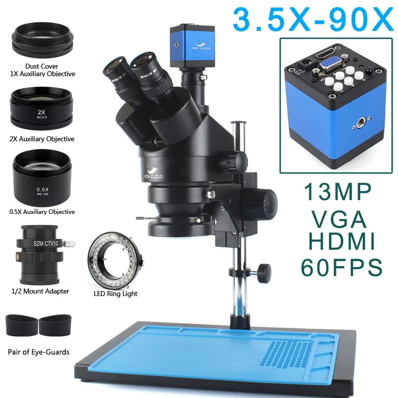3.5X-90X Continuous Zoom Stereo Trinocular Microscope + 0.5X 2X Auxiliary Objective Lens 48mp 55mp 4K HDMI USB Microscope Camera