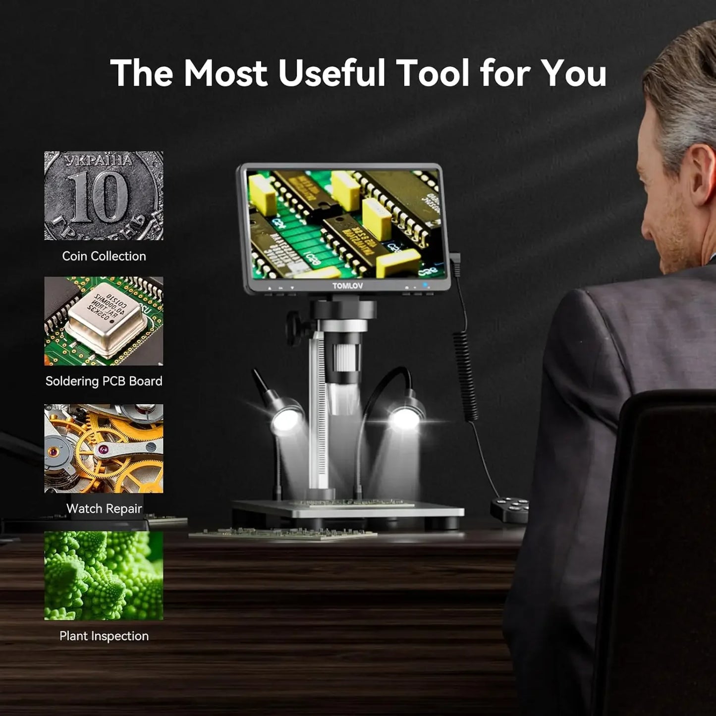DM9 7" LCD Digital Microscope 1200X, 1080P Coin Microscope Magnifier 12MP Ultra-Precise Focusing Soldering Microscope