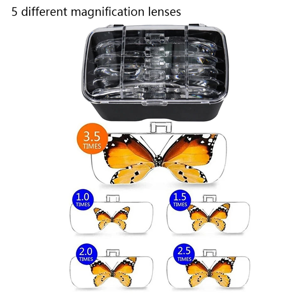 Hot Sell Magnifying Glass LED Light Head Loupe Jeweler Watch Bright Magnifier with 5 Lens