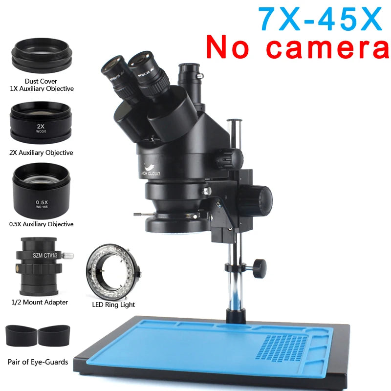 3.5X-90X Continuous Zoom Stereo Trinocular Microscope + 0.5X 2X Auxiliary Objective Lens 48mp 55mp 4K HDMI USB Microscope Camera