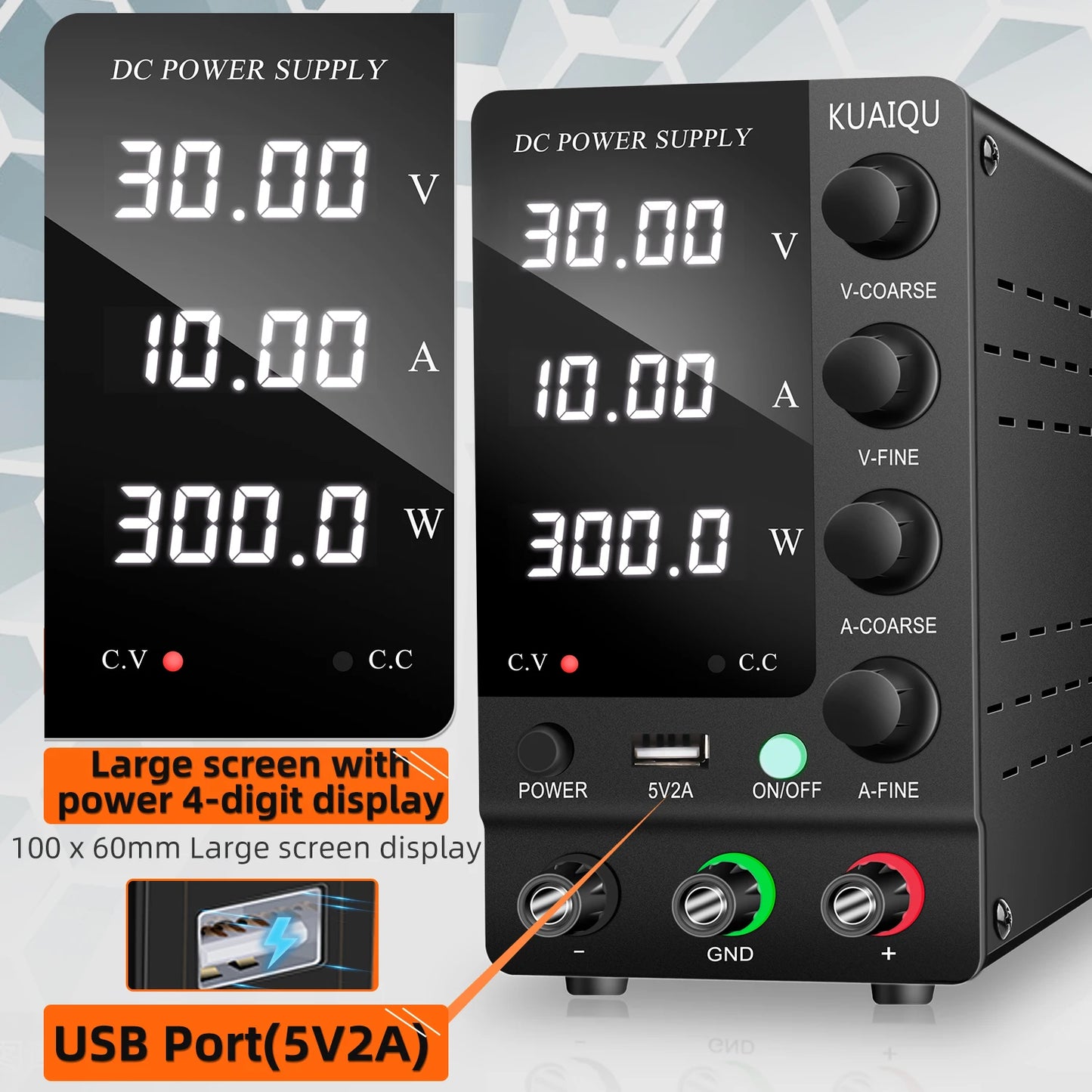 KUAIQU Adjustable Switching DC Power Supply 30V 10A 6A Lab Bench Power Supply 60V 5A 120V 3A Output Preset Current USB Interface