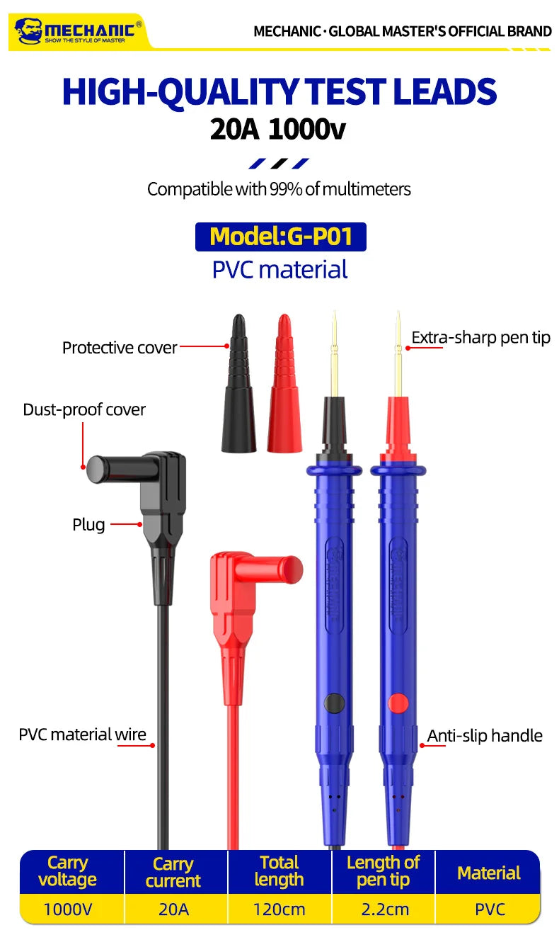 MECHANIC High-End Gold-Plated Universal Test Lead Digital Multimeter Leads Precision Needle Tip Double Insulation Soft Silicone