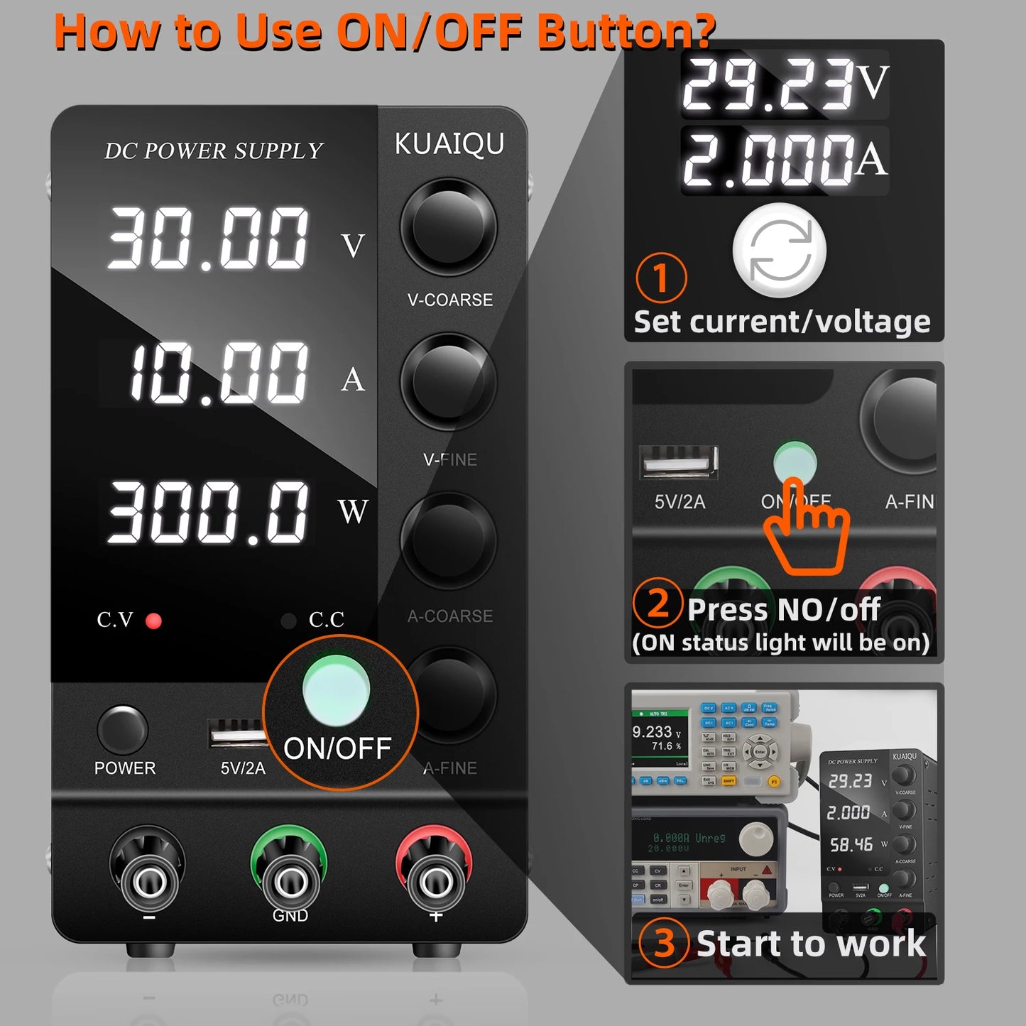 KUAIQU Adjustable Switching DC Power Supply 30V 10A 6A Lab Bench Power Supply 60V 5A 120V 3A Output Preset Current USB Interface
