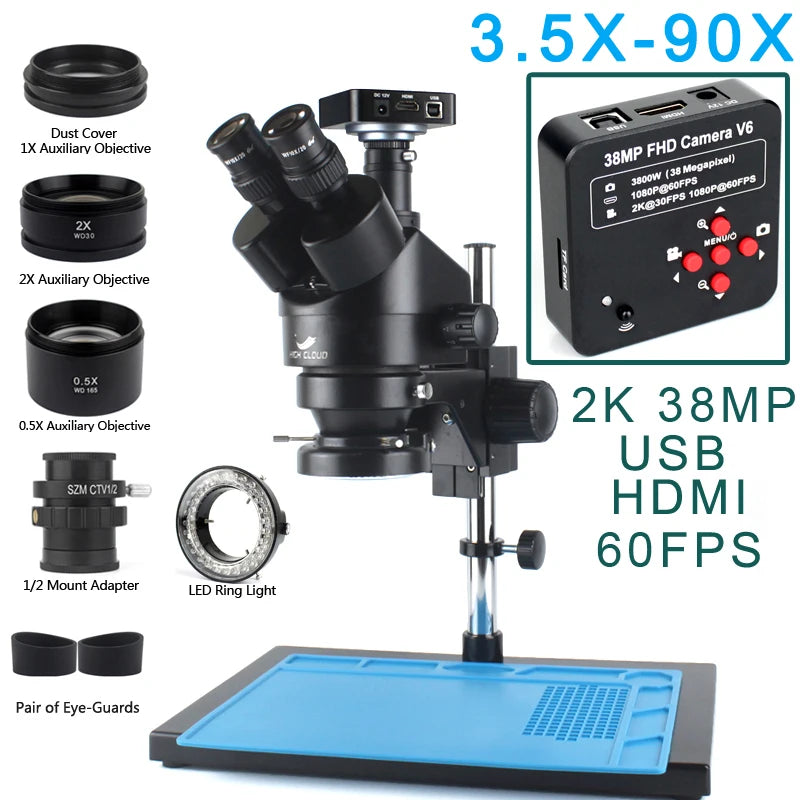3.5X-90X Continuous Zoom Stereo Trinocular Microscope + 0.5X 2X Auxiliary Objective Lens 48mp 55mp 4K HDMI USB Microscope Camera