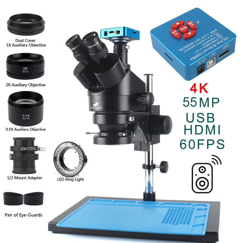 3.5X-90X Continuous Zoom Stereo Trinocular Microscope + 0.5X 2X Auxiliary Objective Lens 48mp 55mp 4K HDMI USB Microscope Camera