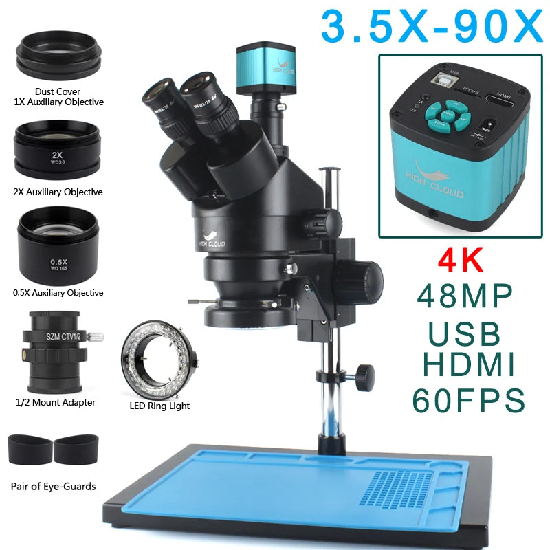 3.5X-90X Continuous Zoom Stereo Trinocular Microscope + 0.5X 2X Auxiliary Objective Lens 48mp 55mp 4K HDMI USB Microscope Camera