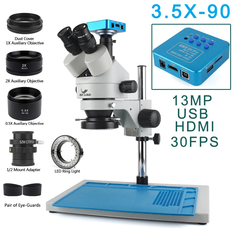 3.5X-90X Continuous Zoom Stereo Trinocular Microscope + 0.5X 2X Auxiliary Objective Lens 48mp 55mp 4K HDMI USB Microscope Camera