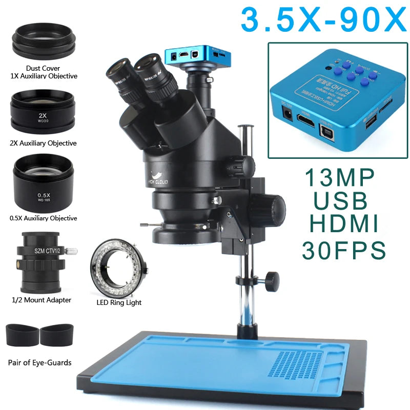 3.5X-90X Continuous Zoom Stereo Trinocular Microscope + 0.5X 2X Auxiliary Objective Lens 48mp 55mp 4K HDMI USB Microscope Camera