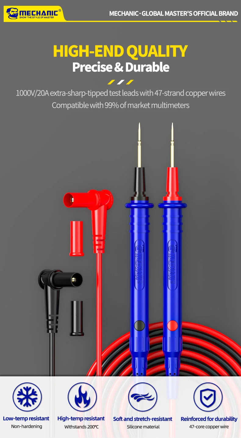 MECHANIC High-End Gold-Plated Universal Test Lead Digital Multimeter Leads Precision Needle Tip Double Insulation Soft Silicone
