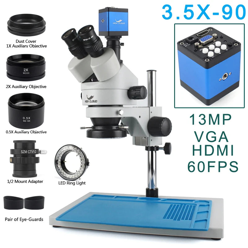 3.5X-90X Continuous Zoom Stereo Trinocular Microscope + 0.5X 2X Auxiliary Objective Lens 48mp 55mp 4K HDMI USB Microscope Camera