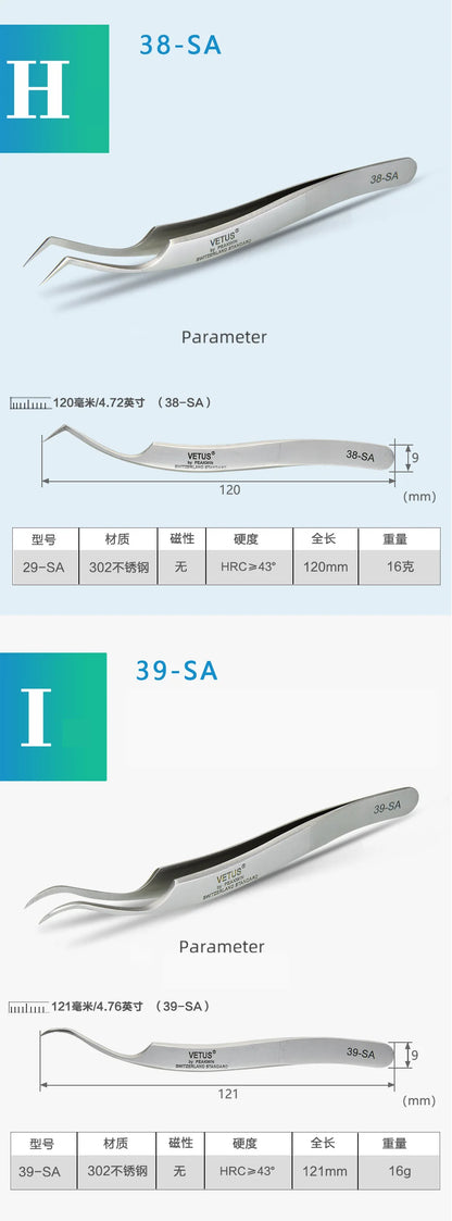 VETUS Original 32-SA Tweezers Hyperfine High Precision Non-magnetic Anti-acid Pincers Eyelashes Grafting Manicure ESD Forceps