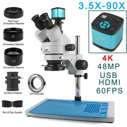 3.5X-90X Continuous Zoom Stereo Trinocular Microscope + 0.5X 2X Auxiliary Objective Lens 48mp 55mp 4K HDMI USB Microscope Camera