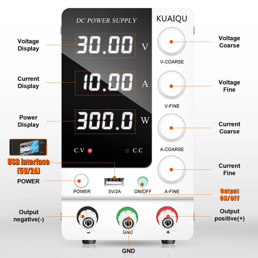 KUAIQU Adjustable Switching DC Power Supply 30V 10A 6A Lab Bench Power Supply 60V 5A 120V 3A Output Preset Current USB Interface