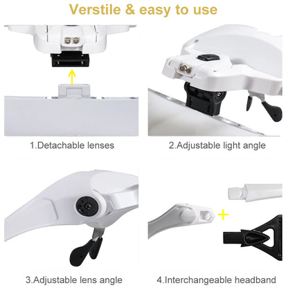 Hot Sell Magnifying Glass LED Light Head Loupe Jeweler Watch Bright Magnifier with 5 Lens