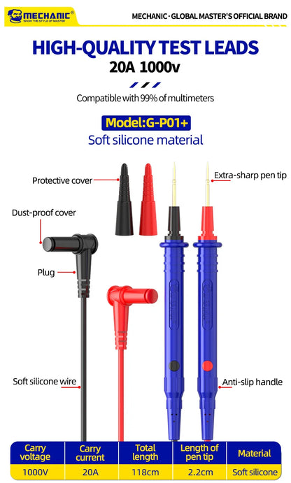 MECHANIC High-End Gold-Plated Universal Test Lead Digital Multimeter Leads Precision Needle Tip Double Insulation Soft Silicone