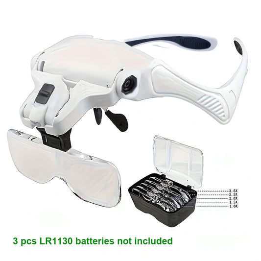 LED Head Magnifier 5 Interchangeable Lenses 1.0X To 3.5X Jewelers Loupe with 2 LED Lights Hands Free Headband Magnifying Glasses