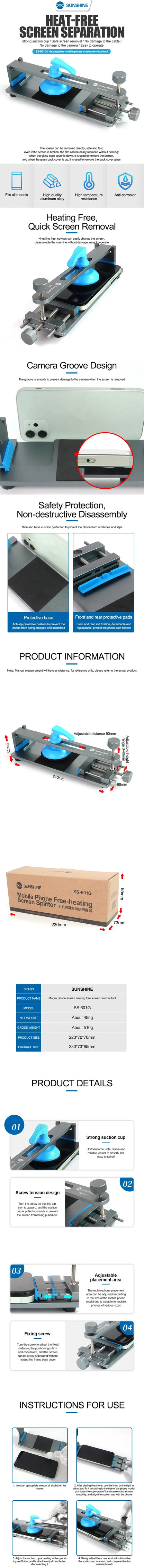 SUNSHINE SS-601G LCD Screen Separator Mobile Phone Free Heating Screen Quick Removal Clamping Fixture Tablet Splitter Tool