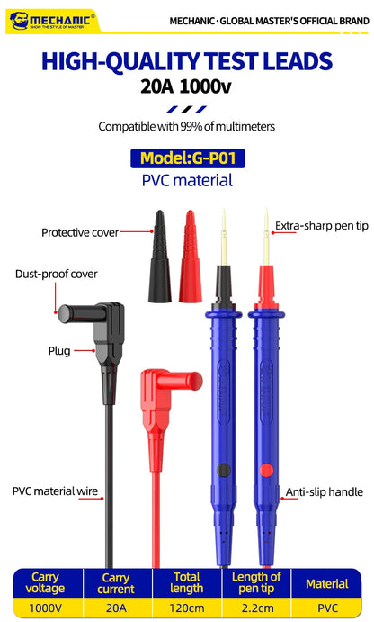 MECHANIC High-End Gold-Plated Universal Test Lead Digital Multimeter Leads Precision Needle Tip Double Insulation Soft Silicone