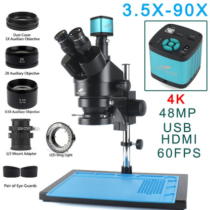 3.5X-90X Continuous Zoom Stereo Trinocular Microscope + 0.5X 2X Auxiliary Objective Lens 48mp 55mp 4K HDMI USB Microscope Camera
